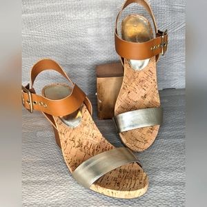 BCBGeneration Blaise Cork Wedge Metallic Gold Sandals, 8.5